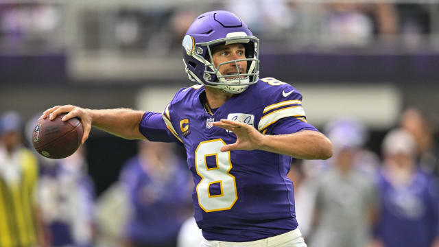 Sep 10, 2023; Minneapolis, Minnesota, USA; Minnesota Vikings quarterback Kirk Cousins (8) throws a pass against the Tampa Bay Buccaneers during the first quarter at U.S. Bank Stadium.
